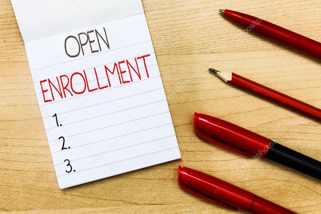 Conceptual hand writing showing Open Enrollment. Business photo text The yearly period when people can enroll an insurance
