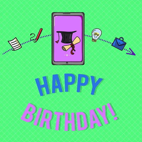Textschild mit Happy Birthday. Der Geburtstag eines Menschen wird mit Geschenken gefeiert — Stockfoto