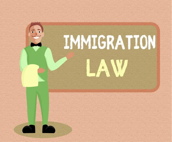 Γραπτό σημείωμα που δείχνει το νόμο μετανάστευσης. Επιχειρηματική φωτογραφία στην οποία προβάλλεται η μετανάστευση ενός πολίτη είναι νόμιμη κατά την πραγματοποίηση του ταξιδιού — Φωτογραφία Αρχείου