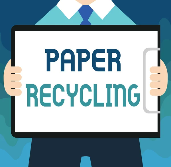 Texto de escritura a mano Reciclaje de papel. Concepto significado Usar los papeles usados de una manera nueva reciclándolos — Foto de Stock