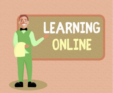 Learning Online 'ı gösteren bir not yazıyorum. İş fotoğrafı sergisi İnternet ve teknolojinin yardımıyla yeni bir şey öğrenin