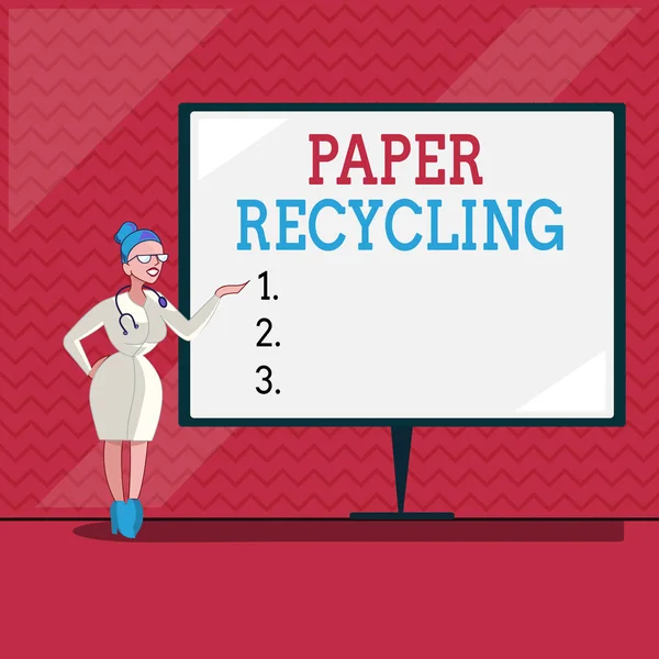 Texto para escrita de palavras Paper Recycling. Conceito de negócio para a utilização dos papéis usados de uma nova forma, reciclando-os — Fotografia de Stock