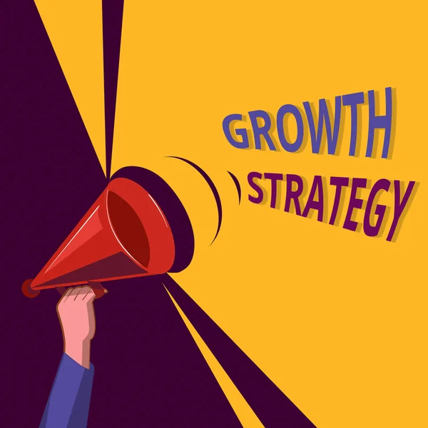 Conceptueel handschrift waaruit de groeistrategie blijkt. Business photo showcasing Strategie gericht op het winnen van een groter marktaandeel op korte termijn — Stockfoto
