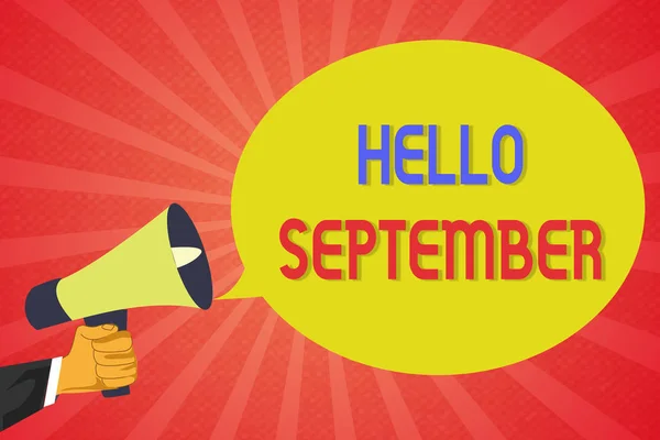 概念手写显示Hello September 。商务照片短信急切地希望能得到9月份的热烈欢迎 — 图库照片