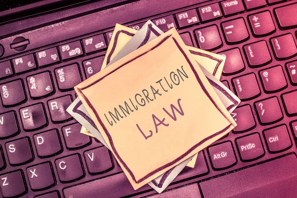 Πινακίδα που δείχνει το νόμο μετανάστευσης. Εννοιολογική φωτογραφία Η μετανάστευση ενός πολίτη πρέπει να είναι νόμιμη κατά την πραγματοποίηση του ταξιδιού — Φωτογραφία Αρχείου