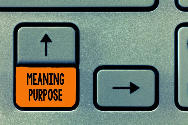 Text sign showing Meaning Purpose. Conceptual photo The reason for which something is done or created and exists — Stock Photo, Image