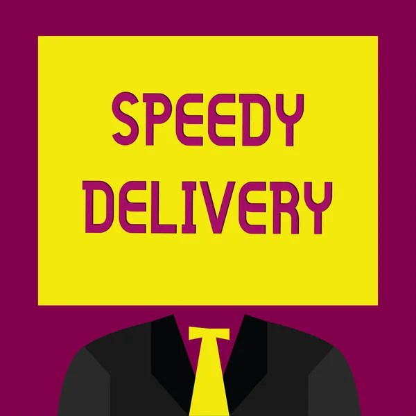 Scrittura concettuale a mano che mostra Speedy Delivery. Il testo della foto di affari fornisce i prodotti nel modo veloce o nello stesso giorno che spedisce oltremare — Foto Stock