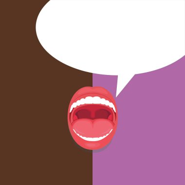 Düz tasarım iş vektör çizim yaratıcı kavramı şablon kopya alanı metin reklam Web sitesi tanıtım için esp açık ağız ifade sürpriz ağzı açık kırmızı dudakları diş boş konuşma balonu izole.