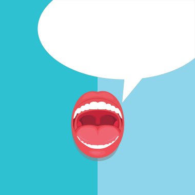 Açık ağız ifade sürpriz ağzı açık kırmızı dudakları diş boş konuşma balonu reklam için tasarım iş vektör çizim boş şablon esp izole Minimalist grafik düzeni şablonu düz