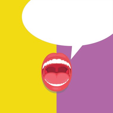 Düz tasarım iş vektör çizim boş kopya alanı metin reklam Web sitesi tanıtım için esp Banner şablon açık ağız ifade sürpriz ağzı açık kırmızı dudakları diş boş konuşma balonu izole.