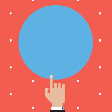 Düz tasarım vektör çizim boş esp şablon kopya alanı metin reklam, promosyon, poster, afiş, web reklam, makale erkek insan el işaret eden oktan yukarı işaret parmağı düz renk dokunmadan daire için