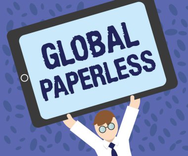 Global Paperless 'ı gösteren bir not yazıyorum. İş fotoğrafı sergisi kağıt yerine e-posta gibi teknolojiler için kullanılıyor