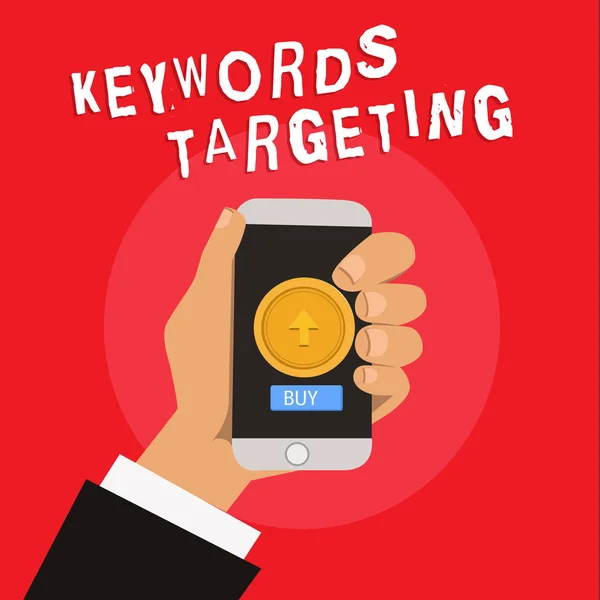 Schreiben Notiz zeigt Keywords Targeting. Geschäftsfotos, die relevante Wörter verwenden, um hohe Platzierungen in Suchmaschinen zu erzielen — Stockfoto