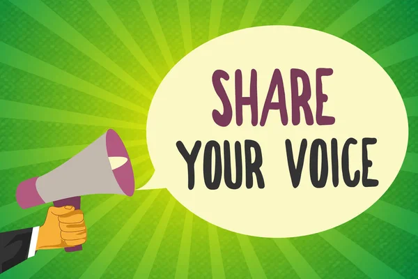 A kézírás szöveg írása Share Your Voice. Koncepció értelmében alkalmazott vagy, hogy a vélemény-, illetve javaslatot kér — Stock Fotó