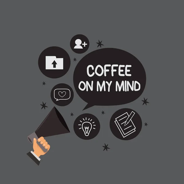 Escribiendo una nota que muestra Coffee On My Mind. Foto de negocios mostrando Adicción al café Starbucks Pensando en el descanso — Foto de Stock