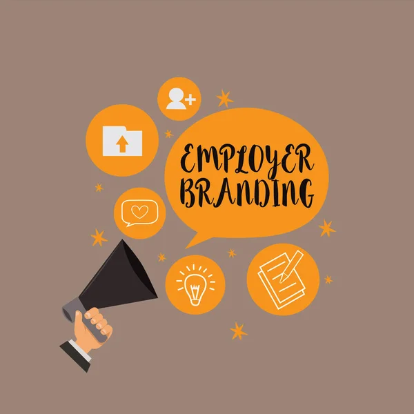 Employer Branding 을 보여 주는 필기 노트. 사업 사진을 보여 주는 회사 건물 보수를 추진하는 과정 — 스톡 사진