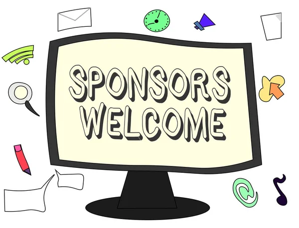 Conceptual hand writing showing Sponsors Welcome. Business photo showcasing announcing that you accept investing in your company — Stock Photo, Image