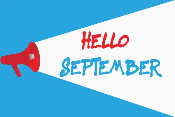 単語の書き込みテキストこんにちは9月。9月の月への暖かい歓迎を望むイーガーのためのビジネスコンセプト — ストック写真