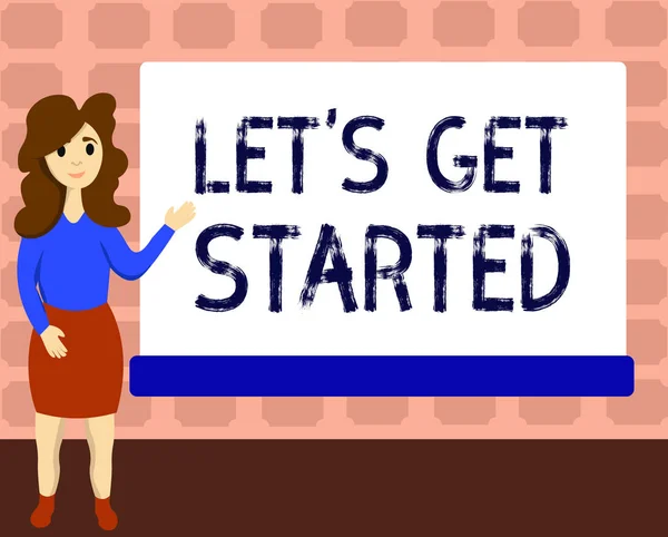 Signo de texto que muestra Let s is Get Started. Foto conceptual Para empezar a hacer o trabajar en algo —  Fotos de Stock