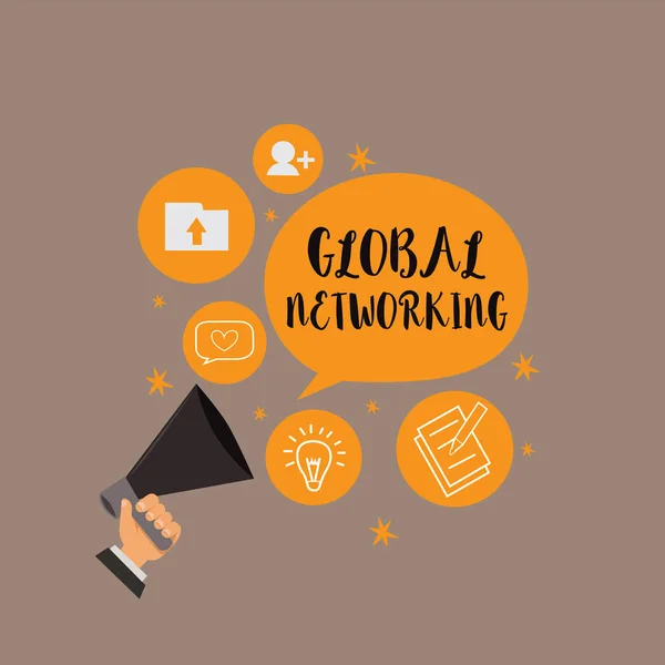 Notă de scriere care arată Global Networking. Fotografie de afaceri care prezintă rețeaua de comunicații care se întinde pe întregul Pământ WAN — Fotografie, imagine de stoc