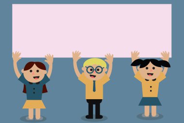 Düz tasarım vektör çizim boş esp şablon kopya alanı metin reklam, promosyon, poster, afiş, web reklam, makale üç okul çocukları ile her iki silah yükseltme yukarı doğru için çoğu şarkı gülümseyerek konuşuyor