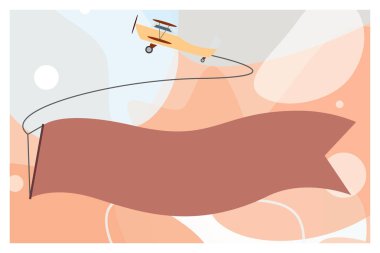 Düz tasarım iş vektör illüstrasyon kavramı boş şablon kopya alanı metin reklam Web sitesi için esp 3d izometrik uçan bükmeye uçağın boş uzun bir afiş şerit reklam için çekerek izole.