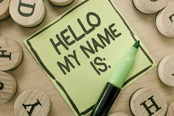 Escrita conceitual mostrando Hello My Name Is. Foto de negócios apresentando-se Apresentando-se aos outros Você quer que as pessoas chamem você — Fotografia de Stock