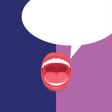 Düz tasarım iş vektör illüstrasyon kavramı boş şablon alanı metin promosyon web sitesi ve reklam reklam için. Açık ağız ifade sürpriz ağzı açık kırmızı dudaklar diş boş konuşma balonu