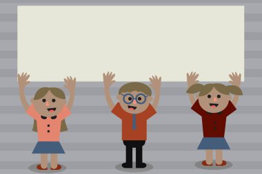 Düz tasarım iş vektör çizim kavramı boş şablon kopya alanı metin promosyon web sitesi ve reklam üç okul çocukları ile her iki silah yükseltme yukarı doğru reklam için çoğu şarkı gülümseyerek konuşuyor