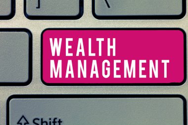 Kelime yazma Zengin Yönetimi. Uzun vadeli refah ve finansal bakımı sürdürmek ve büyütmek için iş kavramı.