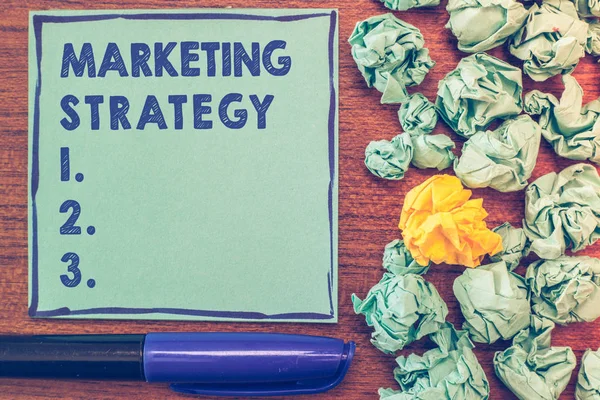 Conceptual hand writing showing Marketing Strategy. Business photo showcasing Scheme on How to Lay out Products Services Business — Stock Photo, Image