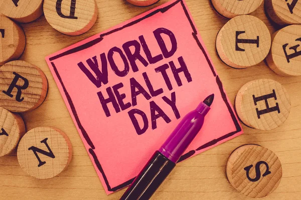 Writing note showing World Health Day. Business photo showcasing Global health awareness day celebrated every year — Stock Photo, Image