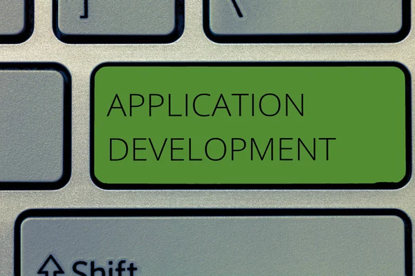 Schrijfnotitie over Application Development. Zakelijke foto presentatie creatie van Computer Apps voor gebruik op mobiele apparaten — Stockfoto