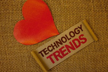 Metin teknoloji eğilimleri yazılı kelime. İş kavramı kırmızı kenarlıkla ve içerik pembe kağıt kalp güzel trice eğilimleri Modern Viral gelişmiş geliştirme Trendy yeni lavanta pembe sayfası için.