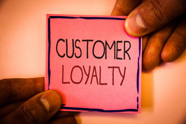 Text sign showing Customer Loyalty. Conceptual photo Client Satisfaction Long-Term relation Confidence Man hold holding pink paper ideas black red letters frame shadow on wall.