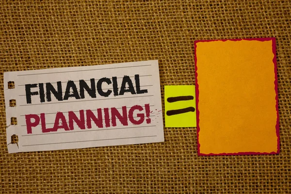 Handwriting text writing Financial Planning Motivational Call. Concept meaning Accounting Planning Strategy Analyze Jute sack deck white page show words red lend yellow note mid equal mark.