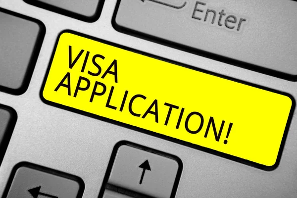 Handwriting text writing Visa Application. Concept meaning Form to ask permission travel or live in another country Ashy computer keyboard with yellow button black color texts.