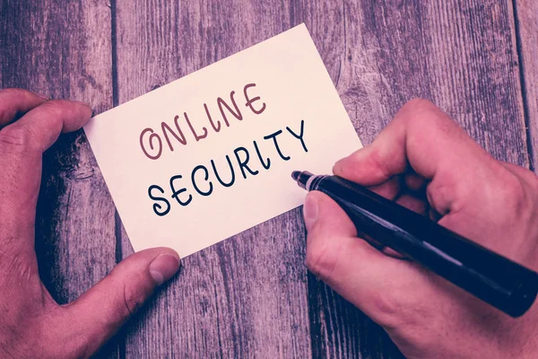 Schrijfbriefje met Online Security. Bedrijfsfoto presentatie regels om te beschermen tegen aanvallen via internet — Stockfoto
