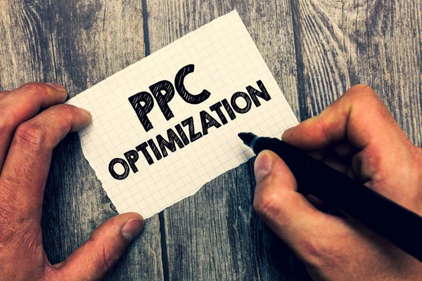 Conceptueel handschrift met Ppc optimalisatie. Zakelijke foto presentatie Verbetering van zoekmachine platform voor betalen per klik — Stockfoto
