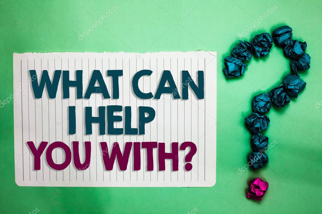 Conceptual hand writing showing What Can I Help You With question. Business photo text Offering assistance Experts advice ideas white notepad with words teal blue lobs form greenery background.