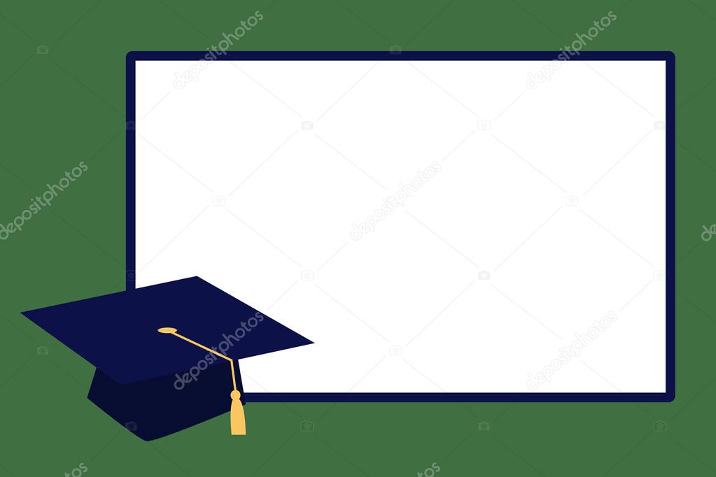 Flat design business Vector Illustration creative concept template copy space text for Ad website promotion esp isolated Graduation cap with Tassel Academic Scholar Headgear and blank whiteboard