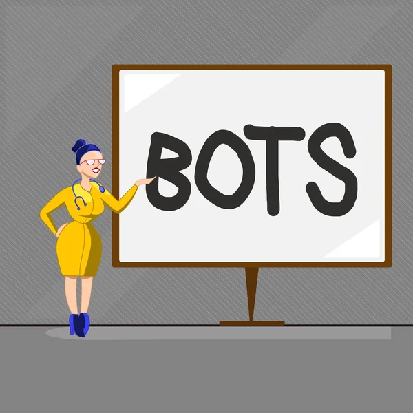 Signo de texto que muestra Bots. Foto conceptual Programa automatizado que se ejecuta sobre Internet Inteligencia artificial —  Fotos de Stock