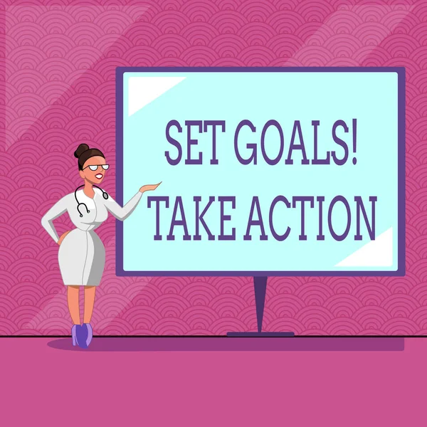 Escrita de mão conceitual mostrando Set Goals Take Action. Texto da foto de negócios Agir sobre um plano específico e claramente estabelecido — Fotografia de Stock