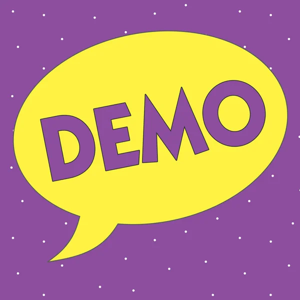 Textschild mit Demo. Konzeptionelle Foto Demonstration eines Produkts Techniken und Fähigkeiten Öffentliche Sitzung — Stockfoto