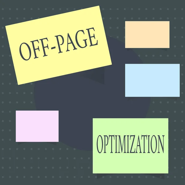 Signo de texto que muestra Off Page Optimization. Foto conceptual Sitio web Proceso externo Método promocional Ranking — Foto de Stock