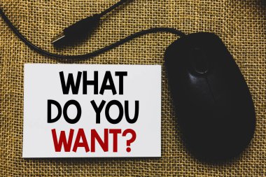 Ne istiyorsun soru gösterilen Not yazma. İş fotoğraf vitrine söyle bana arzuları istekleri talepleri hırs geleneksel fare ile birlikte yazılı kelimeler ile beyaz sayfa.