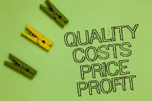 Word writing text Quality Costs Price Profit. Business concept for Balance between wothiness earnings value Outline words green middle yellow paper clip on olive color ground.