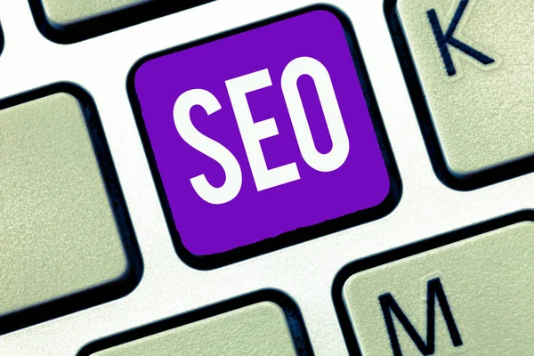 Writing note showing Seo. Business photo showcasing Practice of increasing the quantity and quality of traffic to a website — Stock Photo, Image
