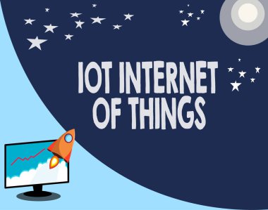 Çok Internet Of Things gösterilen Not yazma. Fiziksel aygıtları vitrine ağ veri gönderip iş fotoğraf