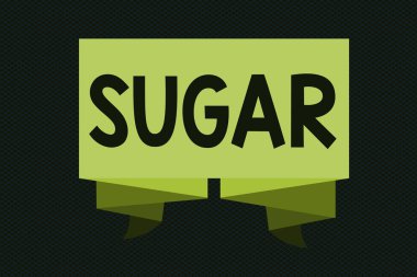 Şeker gösterilen Not yazma. Tatlı kristal madde çeşitli bitkilerden elde edilen vitrine iş fotoğraf gibi kamışı